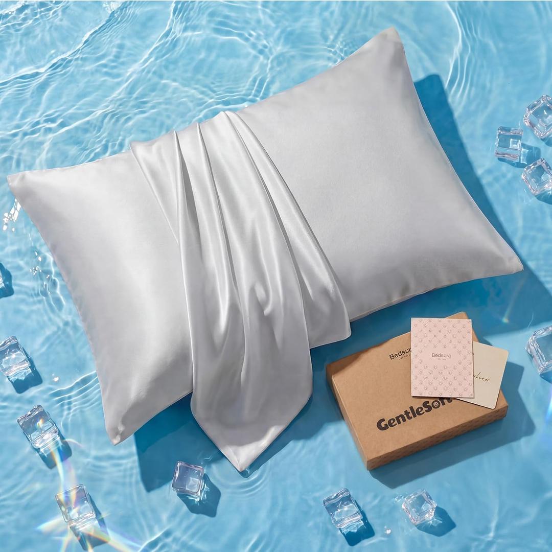 Bedsure Cooling Pillowcase for Hot Sleepers, Silk Like Pillow Case Queen Size Set of 2, Reduce Wrinkles & Frizz-Free Hair, Infused with HA & Ceramides for Skin, Hidden Zipper, Queen, Grey