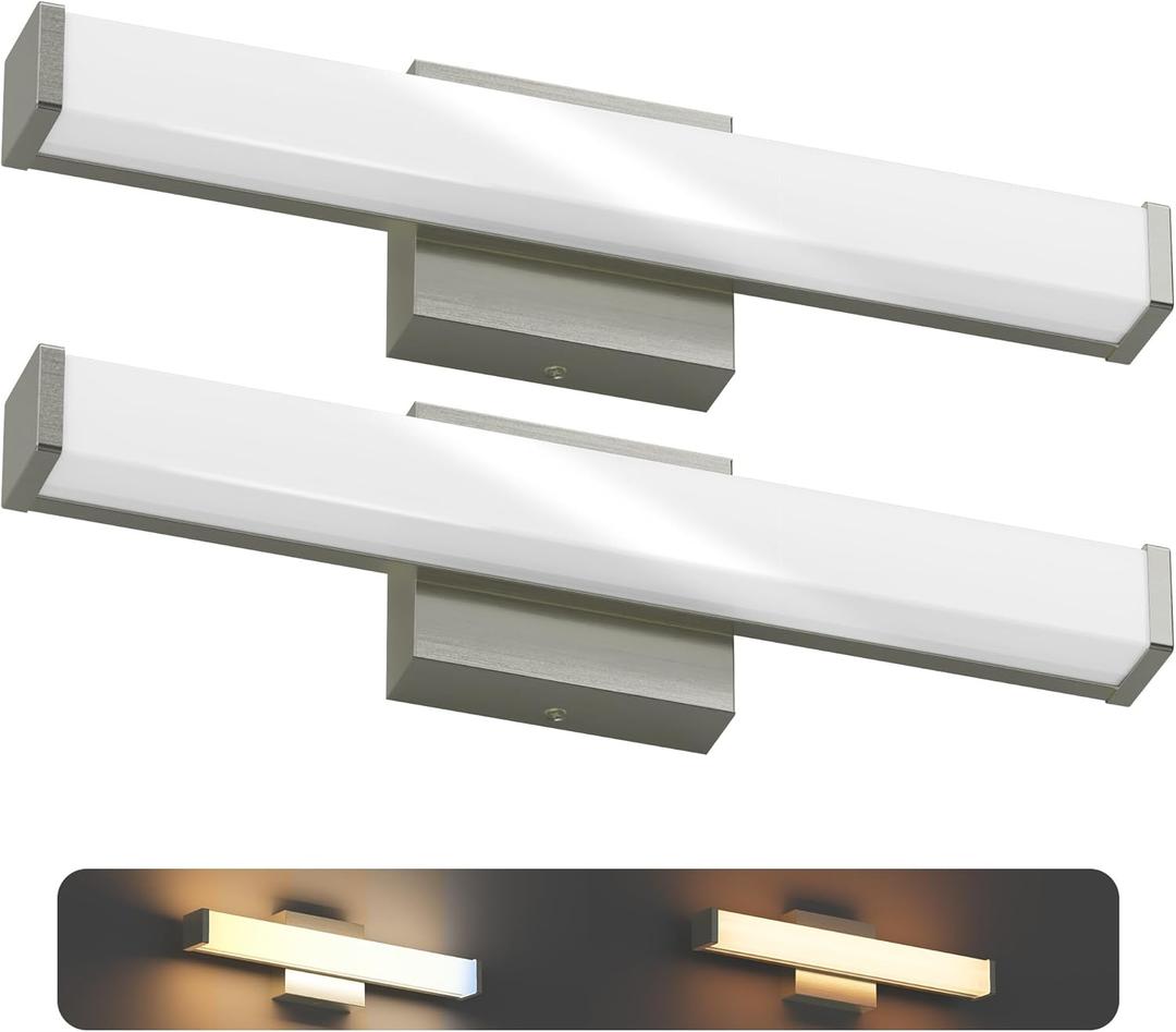 18 Inch Bathroom Vanity Light Fixtures with Night Light: Long Square Wall Mounted LED Lighting Bar Over Mirror with 5CCT & 2200K Color Changing, 120V, 780-900lm, ETL, Brushed Nickel, 2 Packs