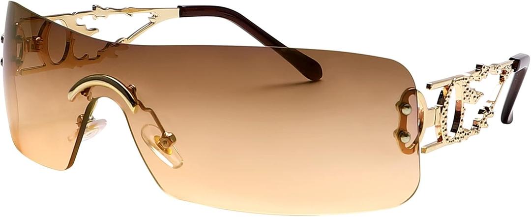 SENMARIES Rimless Y2k Sunglasses For Women Men Rectangle Vintage glasses Fashion Flame Metal Sunglass Frameless Retro Eyewear (Gray Gradient Brown)