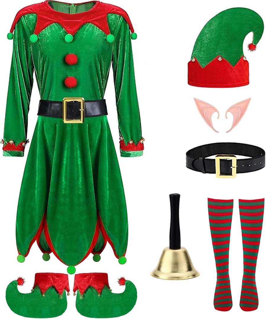 7 Pcs Women Christmas Elf Costume Set Santa's Helper Velvet Dress Xmas Outfit Elf Ears Hat Shoes Belt Socks Bell (XXL)