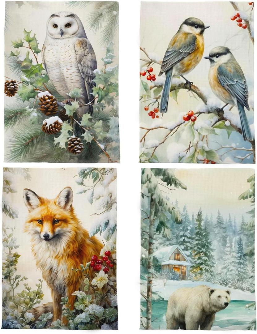 Rustic Winter Kitchen Towels Set - Farmhouse Winter Decorative Hand Towel for Bathroom, Forest Animals Dish Towels Tea Towel for Kitchen, 16x24 Inches Set of 4