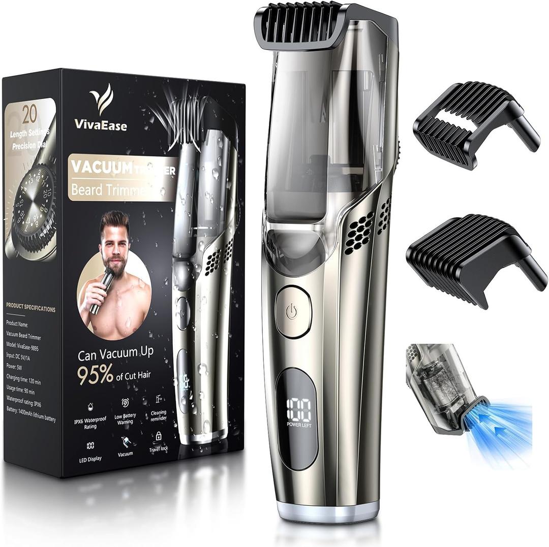 Vacuum Beard Trimmer for Men, Upgrade Adjustable Length with 2 Comb, Electric Vacuum Trimmer for Beard, Mustache and Stubble, Waterproof and Rinses Easy, High Precision Blades for Skin fit
