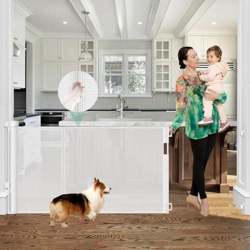 Reinforced 60" Wide Retractable Baby Gate with Reinforced Rods, 5 ft Retractable Dog Gate Indoor/Outdoor Baby Gate Retractable Gate - Bottom Anti-Escape, White