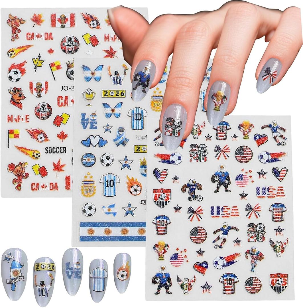 6 x Soccer Nail Art Stickers, 3 Sheets USA Canada Argentina Country Flag Football Nail Decals, Waterproof Self-Adhesive World Cup Sports Nail Decorations for Women Girls Kids Game Day Manicure