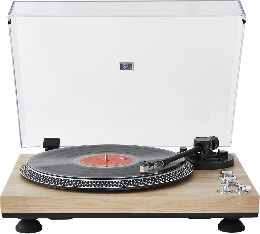 Fully Automatic Belt-Drive Turntable with Premium Cartridge,Hi-Fi,Carbon Fibre Arm,2 Speed, Dust Cover, Anti-Resonance,Adjustable Counterweight,Wood