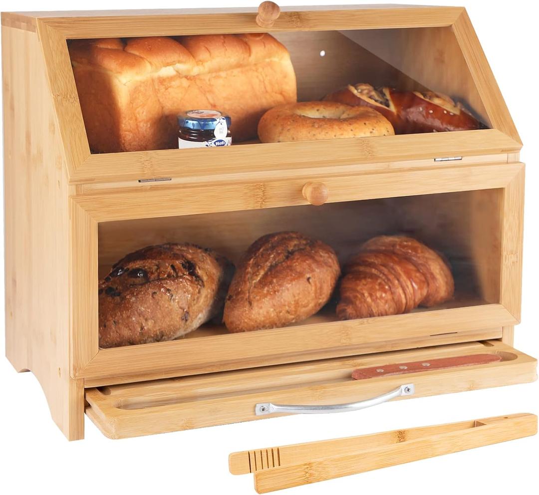 Double Layer Bamboo Bread Box for Kitchen Countertop, Cutting Board, and Stainless Steel Bread Knife, Large Capacity Storage Container with Clear Windows (Self-Assembly)