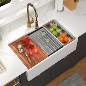 GhomeG 33 Inch White Farmhouse Kitchen Sink Workstation