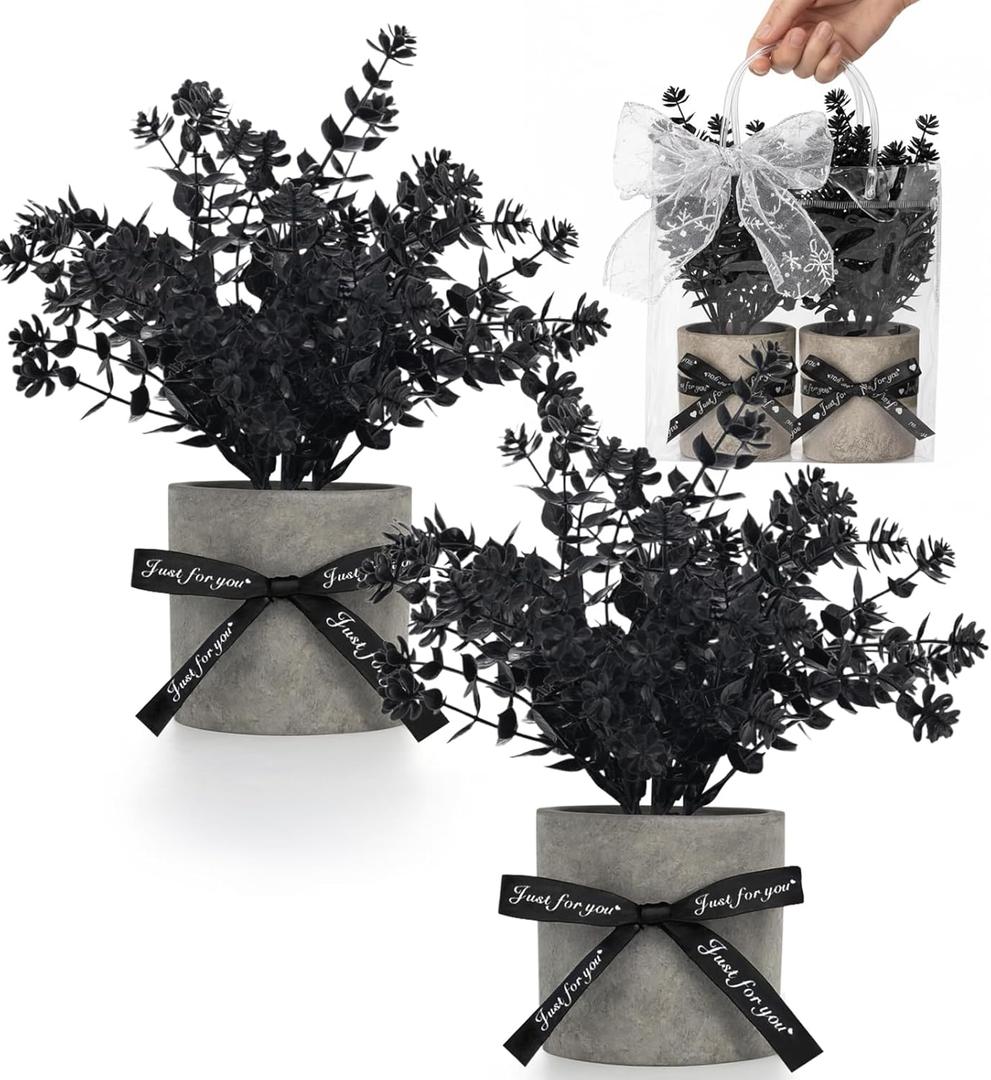 DomeStar 2 Pack Small Black Eucalyptus Plant, Mini Potted Fake Plants Artificial Plastic Eucalyptus Plants Topiaries for Home Office Desk Farmhouse Shelf Room Bathroom Decor
