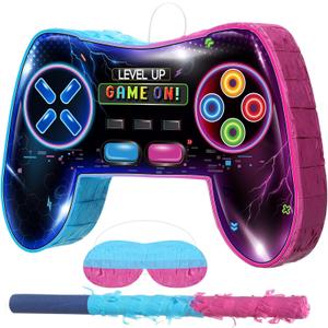 Pasimy Video Game Controller Piata Neon Gaming Piata Bundle with Blindfold and Bat for Gamer Birthday Party Decorations Gaming Theme Carnival Activity Supplies, 15.75 x 10.31 Inch