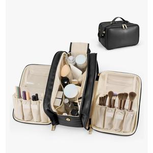 Travel Makeup Bag Women's Large Capacity Cosmetic Portable Organizer Large Opening Waterproof Storage Toiletry Bags Vertical Free-Standing Brush Holder for Easy Access Black
