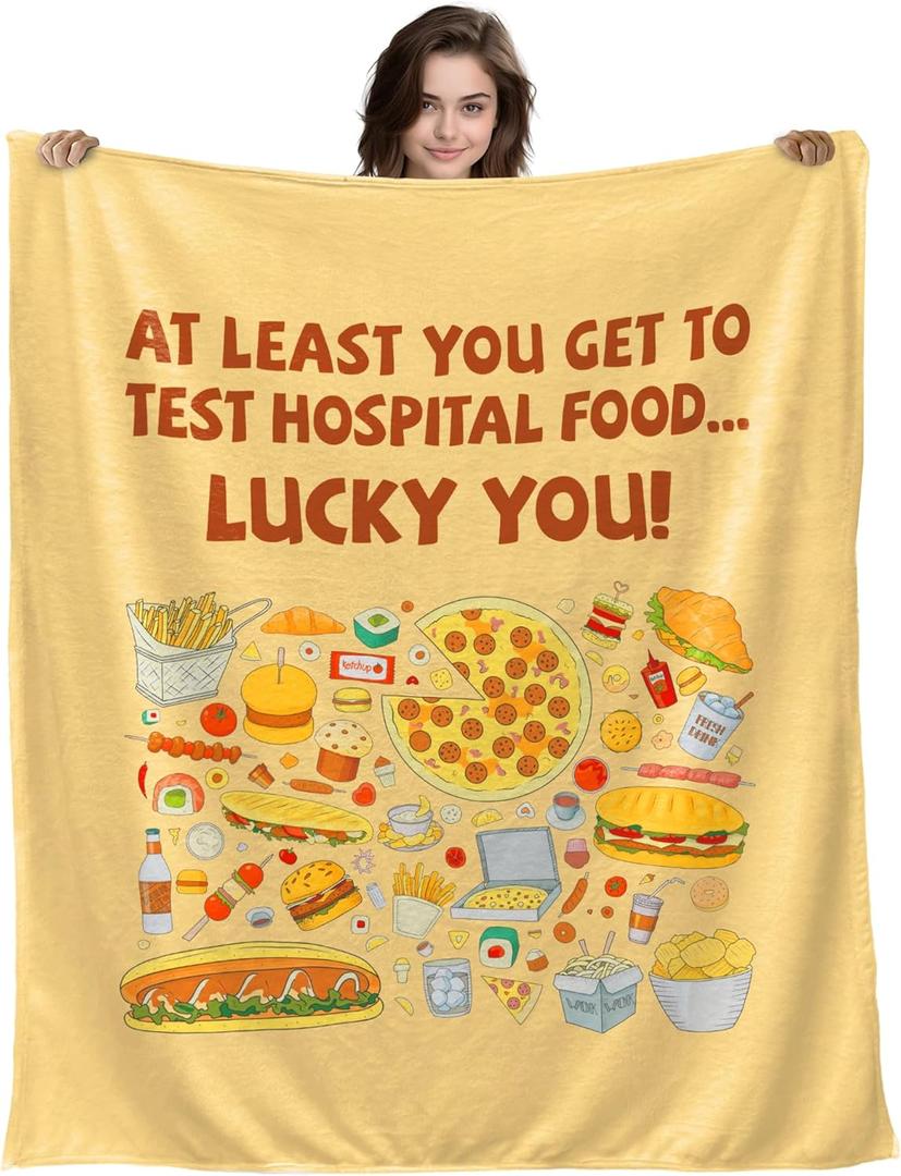 Funny Get Well Gifts for Women, Extra Large Inspirational Hospital Food Humorous Blanket, Hilarious Thinking of You Plush Throw for Mom Sister Friend, Soft Recovery Care Package, 50"x70" (Yellow2)