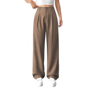 Womens High Waisted Wide Leg Pants Pleated Tailored Trousers with Pockets Business Casual Dress Pants Brown M
