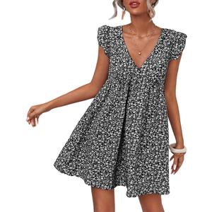 Women Boho Floral Summer Dresses Casual Backless V Neck Mini Dress Ruffle Beach Sundress (Medium, Black)