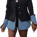 Vaceky Women's Denim Shirt-Tail Blazer Pearl Buttons Slit Jean Cuffs Business Jacket (Large, Black)