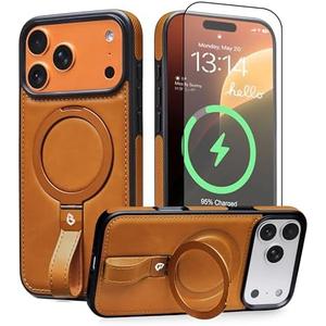 BUTAIGA for iPhone 17 Pro Leather Case with Stand, Anti-Slip Grip Ring, Fits for MagSafe (Brown, IP17 Pro-6.3inch)