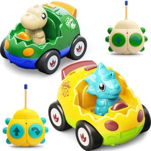 2 Pack Dinosaur Remote Control Cars for Toddlers 2 3 4 5 Years Old - Easter Birthday Gift Ideas for Boys Ages 2-5, Kids Dino Toys RC Vehicle with Lights and Music for Family Fun(Yellow Green)