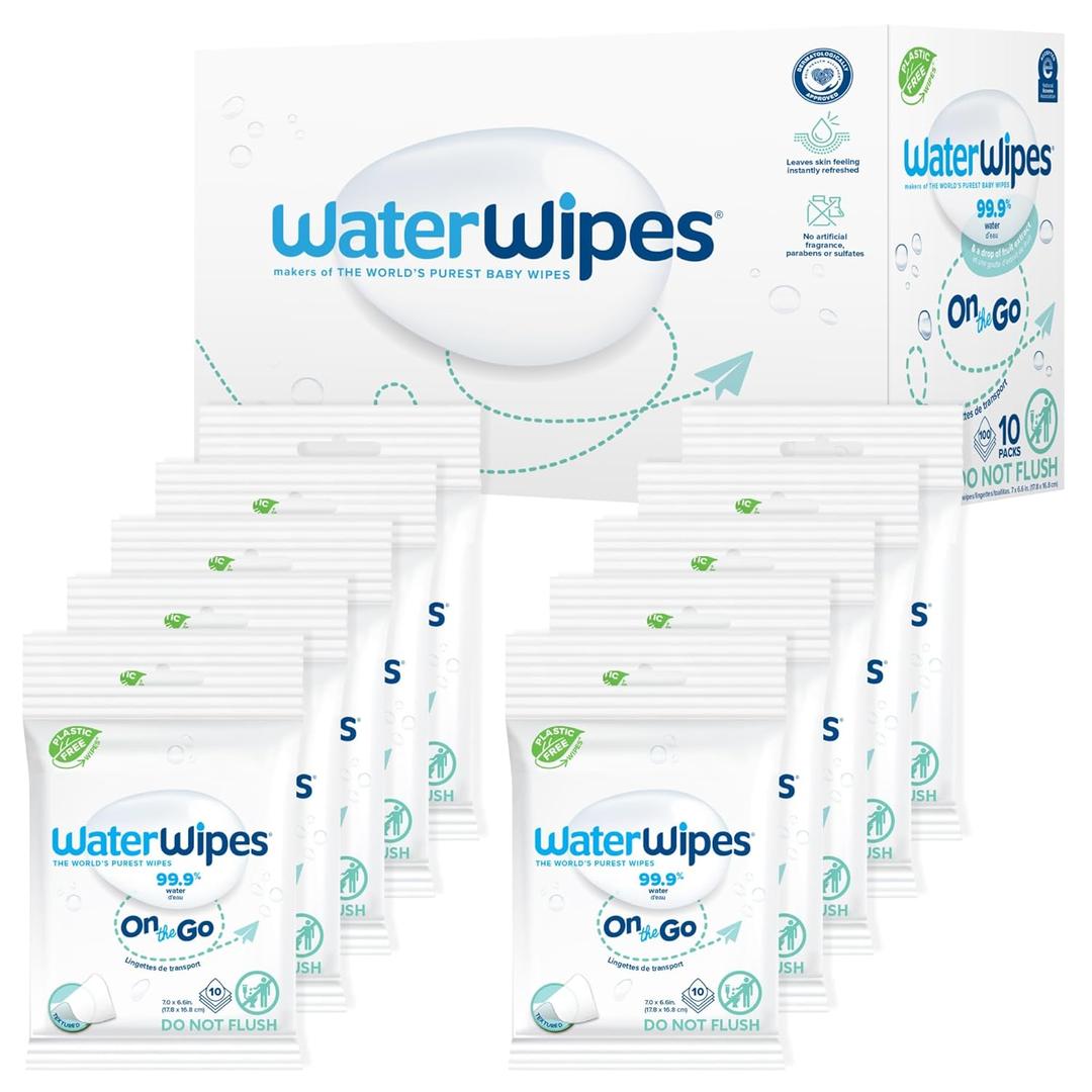 WaterWipes On The Go Wipes, 99.9% Water-Based Wipes for Travel, Sports, and to Refresh Skin, Unscented & Hypoallergenic, 100 Count (10 Packs)