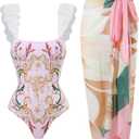 Women's One Piece Swimsuit with Beach Cover Up Bathing Suits for Womens with Long Skirt Retro Floral Print Bikini Pink(Y5-M)