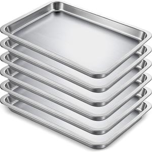 6 Pcs 7.5 x 5.5 Inch Small Baking Sheet Silver Tray Stainless Steel Baking Pan Cookie Sheet Rectangle Mirror Finish and Rust Free Easy Clean and Dishwasher Safe Bakeware Oven Tray for Roasting