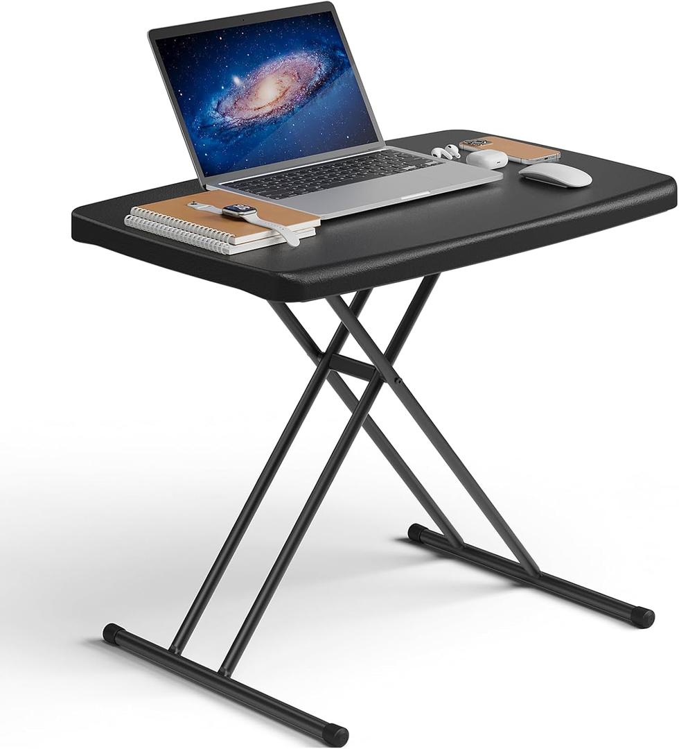 Folding Table 30 Inch - Small Desk Adjustable Height TV Tray for Laptop, Couch, Camping - Heavy Duty Utility Foldable Table for Small Spaces, No Assembly Required, Snowy Granite (Black) (Pink)