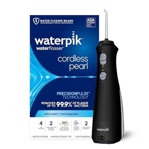 Waterpik Cordless Pearl Rechargeable Portable Water Flosser for Teeth, Gums, Braces Care and Travel with 4 Flossing Tips - ADA Accepted, WF-13 Black