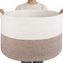 OIAHOMY 90L XXXLarge Blanket Basket for Living Room, 21.7" x 13.8" Woven Cotton Rope Laundry Basket for Organizing Pillows, Decorative Stuffed Animal Toy Storage Bin for Nursery, White and Linen Brown