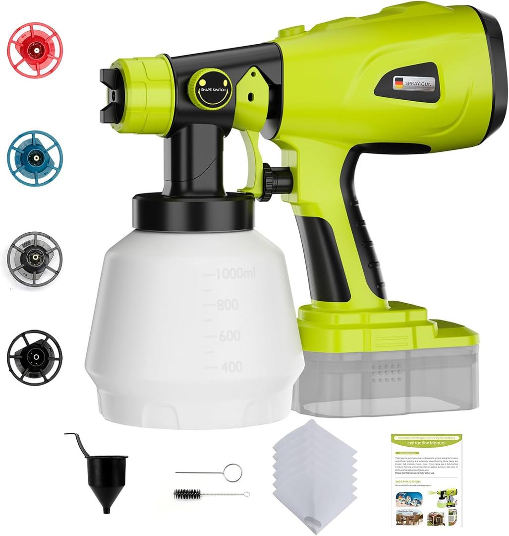 Paint Sprayer for Ryobi One+ 18V Battery w/1000ML Large Container, Even Coverage, No Clogging, Handheld Cordless Painting Spray Gun for Small and Medium Projects: Fence, Cabinets, Chairs(No Battery) (Green)