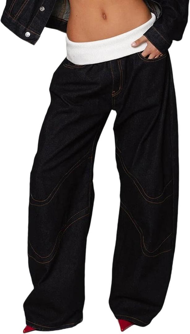 Unybwonn Women Baggy Cargo Jeans High Waist Patchwork Trendy Vintage Denim Pants Wide Leg Distressed Jeans with Pockets (Small, 02 Black)