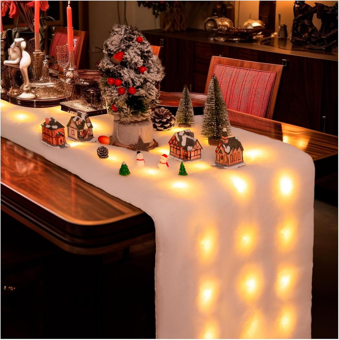 71 X 18 Inches Christmas LED Snow Blanket with Lights, Fake Snow Blanket for Christmas Village Display, Table, Tree