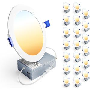 Ensenior 20 Pack 6 Inch LED Recessed Light, Dimmable, 2700K-5000K 5CCT, 1200LM High Brightness, 12W 120V, Damp Rated, Ultra-Thin Canless Wafer Ceiling Light - ETL & FCC & IC