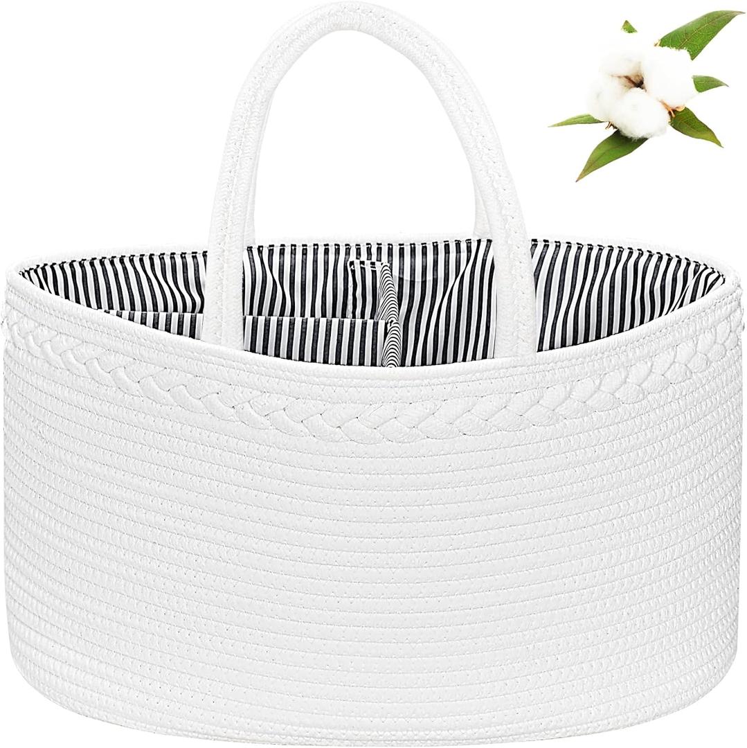 ABenkle X-Large Diaper Caddy Organizer, Boho Rustic Cotton Rope Nursery Baby Basket, Changing Table Organizer for Baby Diaper Storage and Baby Shower (White)