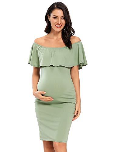 Jezero Women's Maternity Dress Off Shoulder Ruffle Sleeveless Bodycon Dress for Baby Shower Light Green (XL)