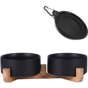 Petygooing Dog Bowls,Black Ceramic Cat Dog Bowl Set with Wood Stand for Pet Food and Water,Non-Slip Cute Modern Pet Dish Set for Cats Small and Medium Dogs (28OZ/6.1 in)