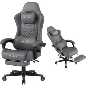 Gaming Chair,Big and Tall Gaming Chair 400lbs Office Chair with Footrest, 90-155° Recline & Removable Headrest Lumbar Support[Spring + 4D Sponge](Grey)