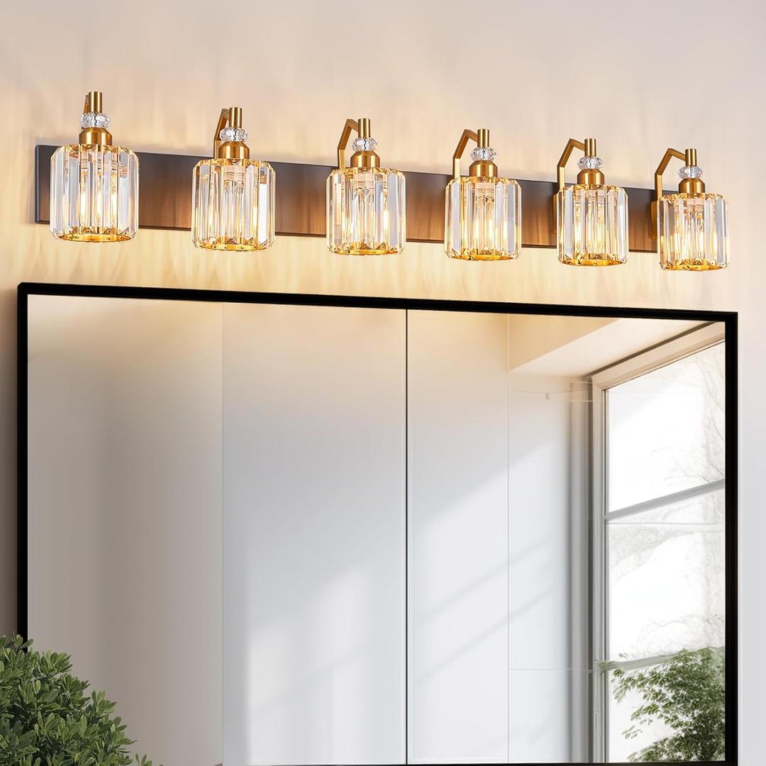 6 Light Bathroom Vanity Light Modern Black Gold Vanity Light Bathroom Light Fixtures Over Mirror Crystal Vanity Lighting Fixtures (Black Gold Round)