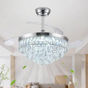 42'' Chandelier Ceiling Fan with Lights, Retractable Fan with Remote and APP, Crystal Fandelier Ceiling Fan, Dimmable LED, Reversible Motor, Quiet for Bedroom Living Room-Chrome