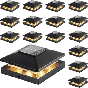 Solar Post Cap Lights Outdoor 16-Pack, Black Waterproof Solar Powered Deck Fence Lights Fit 4x4 Wood/Vinyl Posts, Bright Warm White for Patio, Porch (16pack)