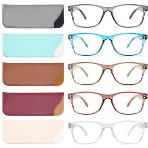 Reading Glasses Blue Light Blocking, Computer Glasses for Women Men, Fashion Square Eyeglasses 5 Pairs (A1-mix)