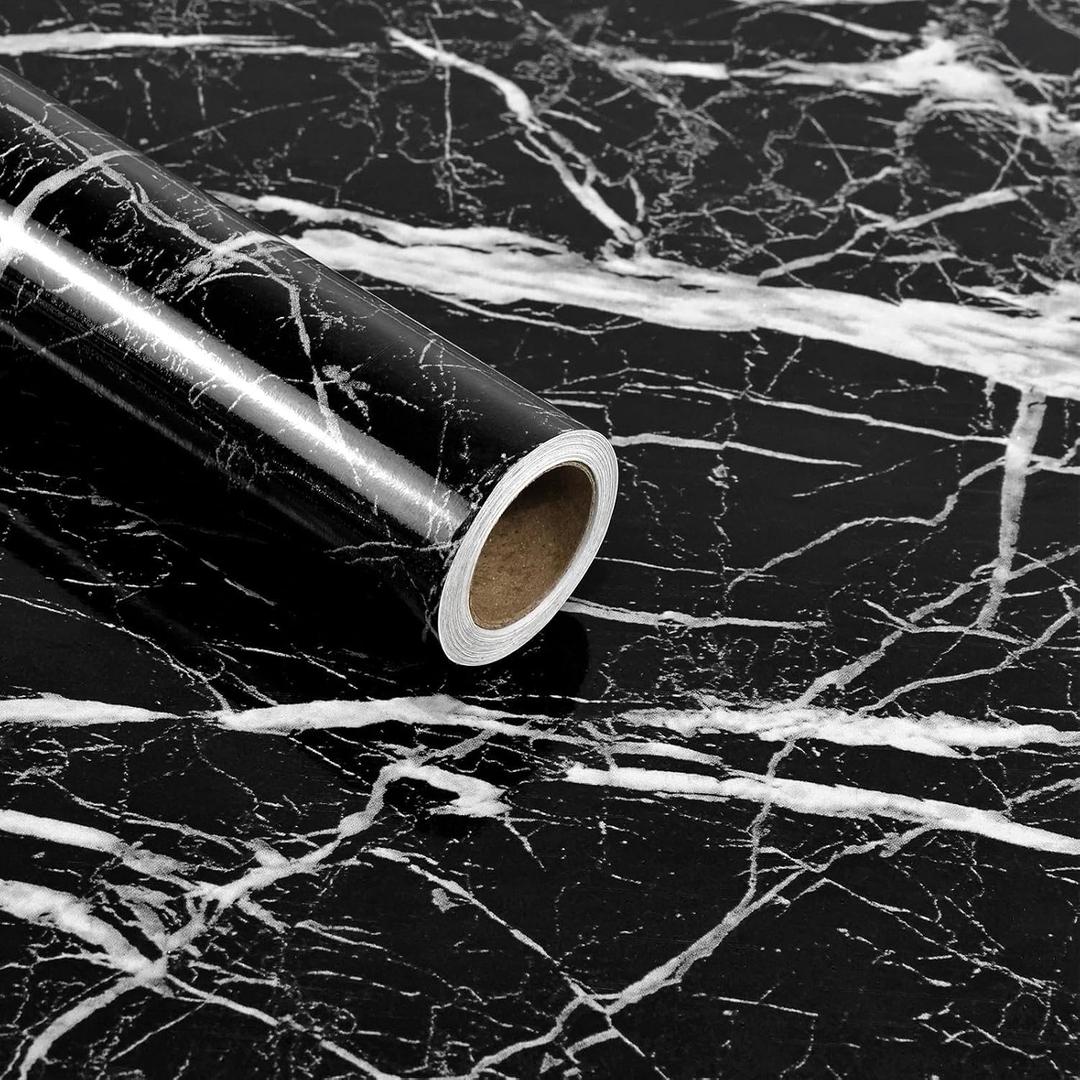 Black Glossy Marble Contact Paper 23.6"X472.4" Peel and Stick Wallpaper
