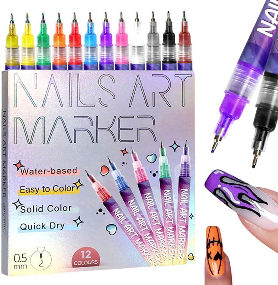 12 Colours Nail Art Markers, Nail Art Pens, Nail Polish Pens Set with Fine Tip, Water-Based Quick Dry Ink for DIY Nail Art, Manicure & Nail Design