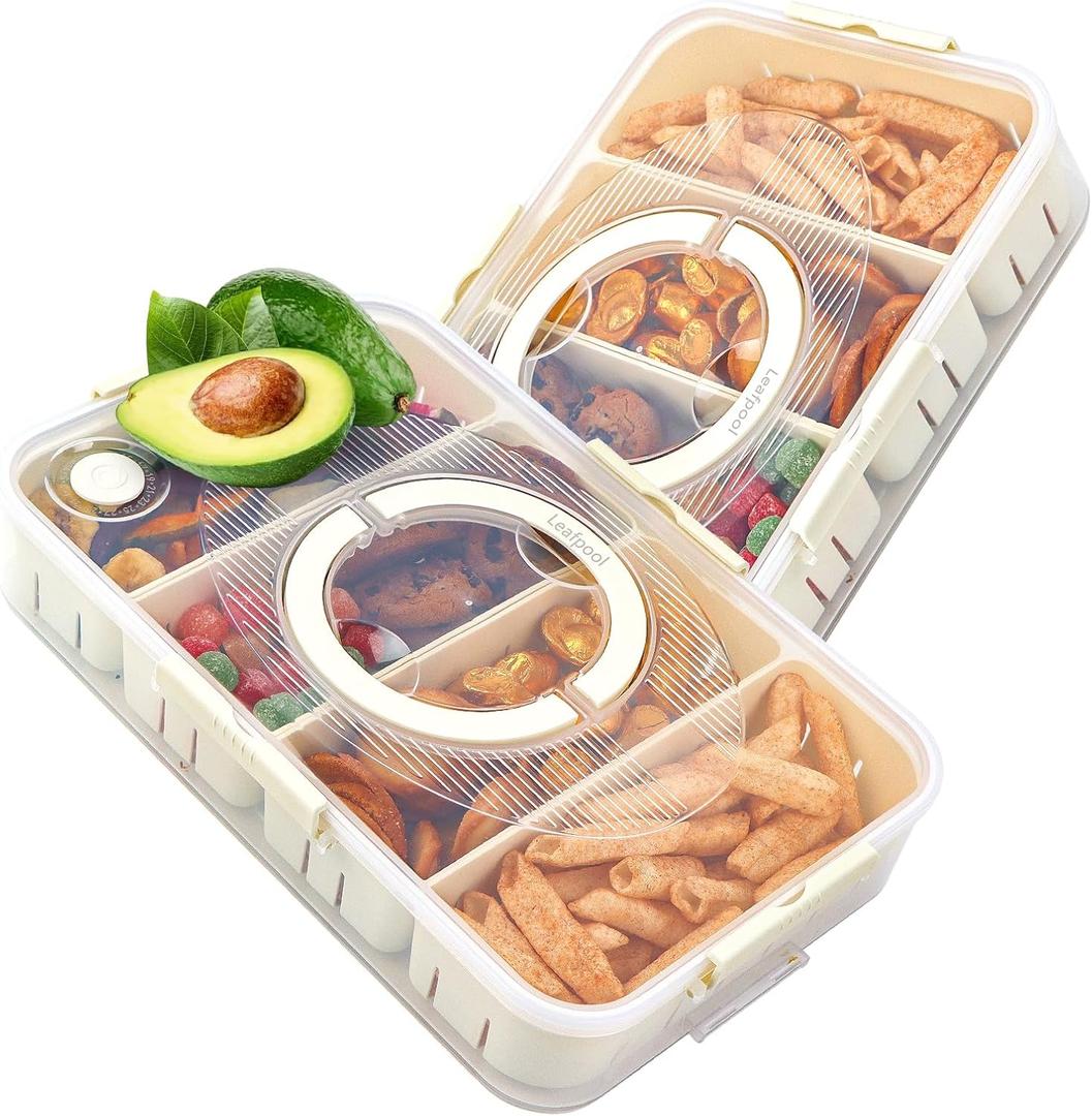 Snack Box Container, Dishwasher Safe Fruit Snack Containers, 2 Pack Divided Serving Tray with Lid for Veggie, Candy, Snackle Charcuterie Boxes for Kids, Adults,Travel and Picnic, White 