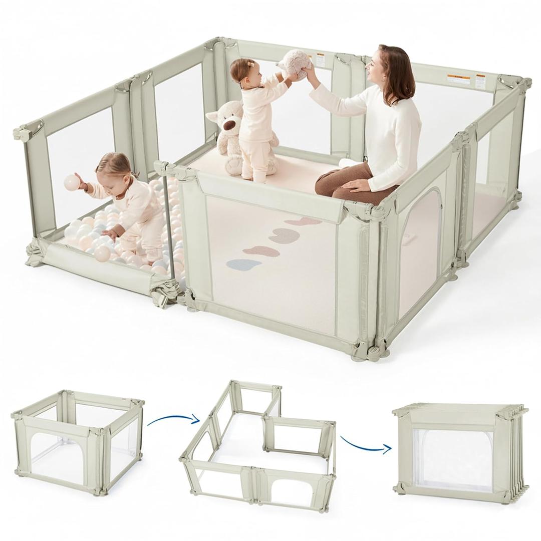 Sweeby Modular Baby Playpen, Customizable & Foldable Playpen for Babies and Toddlers with Easy Access Gate, Portable Indoor & Outdoor Play Yard, Adjustable Shape Kids Activity Center (79"x71", Beige)