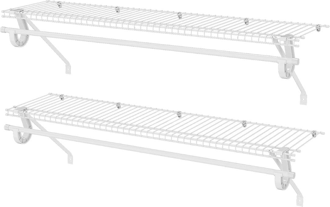 PROWORX Closet Shelves Wall Mounted with Hanging Rod, 2 Pack 4 ft x 12 in White Wire Shelving Kit, Metal Wall Shelf Organizer for Home, Pantry, Laundry Room Storage, 48 inches x 12 inches x 2 inches