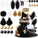 32 Pcs Black and Gold Cake Decorations with with Balls Cake Picks Pearl Feathers Black White Roses and Palm Leaves for Birthday Party Baby Shower Wedding DIY Cake Decoration Cupcake Topper