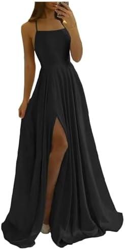 Women Long Formal Dress Solid Satin Spaghetti Straps A Line Evening Cocktail Dresses with Slit, Size S/M