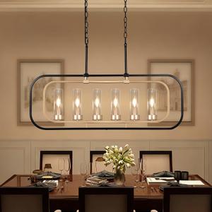 36" Linear Chandeliers for Dining Room, Black and Gold Glass Chandelier | Dining Table Chandelier, Height Adjustable, 3 Color Temperature