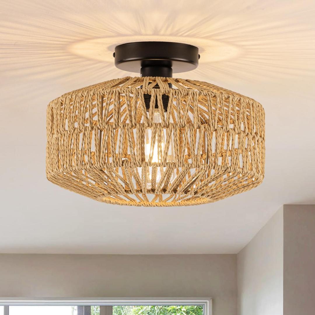 MAYNA 11.8" Rattan Ceiling Light Fixture, Hand-Woven Boho Light Fixtures Ceiling Mount, Mini Rattan Chandelier Light Fixture for Farmhouse Hallway Bedroom Kitchen Entryway, Bulb NOT Included