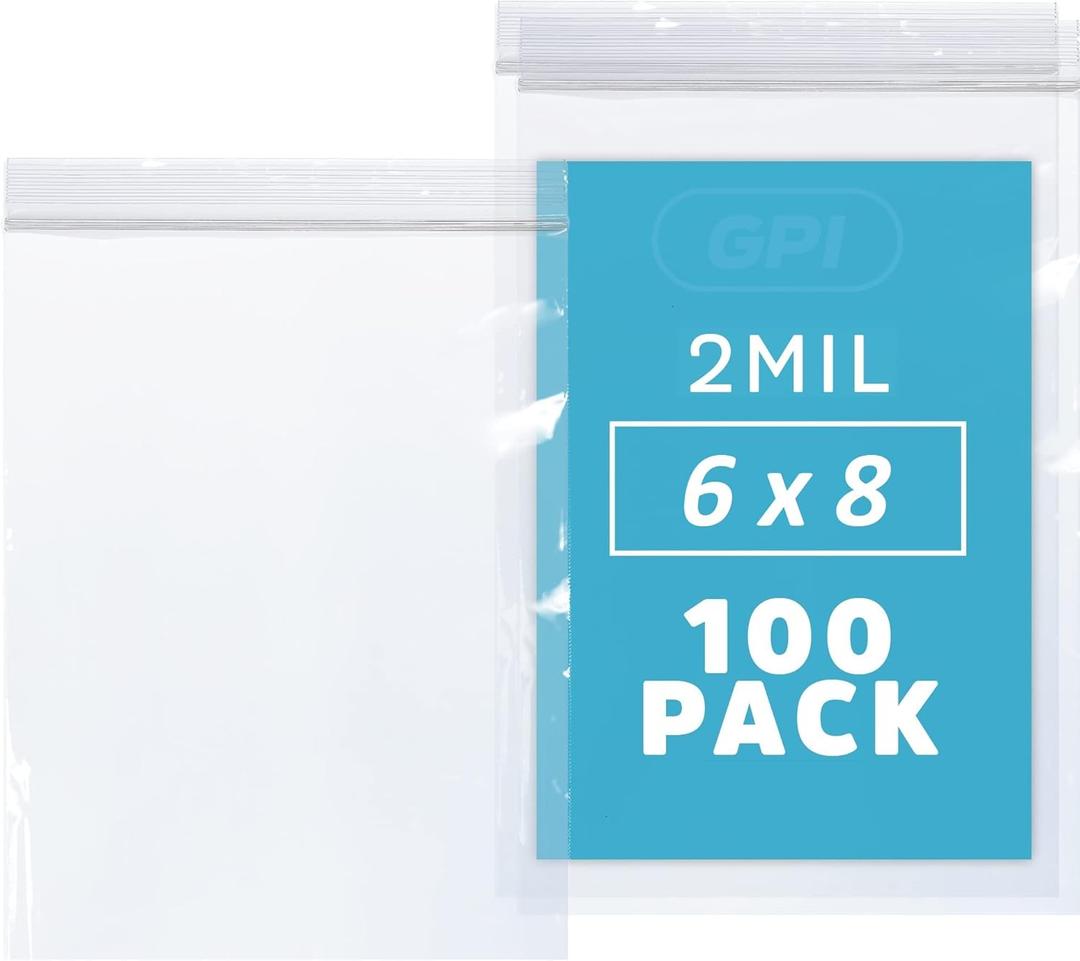 GPI - 6" x 8" Zip Bags, 100 Count, 2 Mil, Clear Plastic Reclosable Zipper Poly Baggies, with Resealable Zip Top Lock Seal, for Sandwich, Snack, Cookies, Food & Office Supplies
