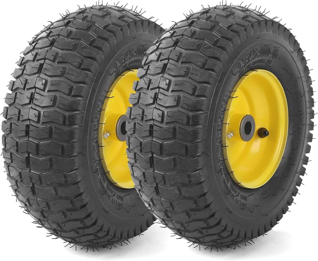 AR-PRO (2 Pack) 13 x 5.00-6" Tire and Wheel, Universal Tubeless Lawn Mower Tires with Rim, 3" Centered Hub and 3/4" Bushings - Fit for Most Riding Mower, Garden Lawn Tractor (Yellow Rims)