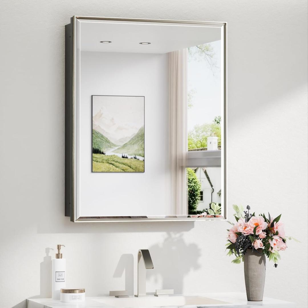 TokeShimi 24x30 Bathroom Mirrored Medicine Cabinet, Recessed Medicine Cabinet with Mirror, Aluminum Framed Brushed Nickel Mirror with Storage Adjustable and Quiet Hinge